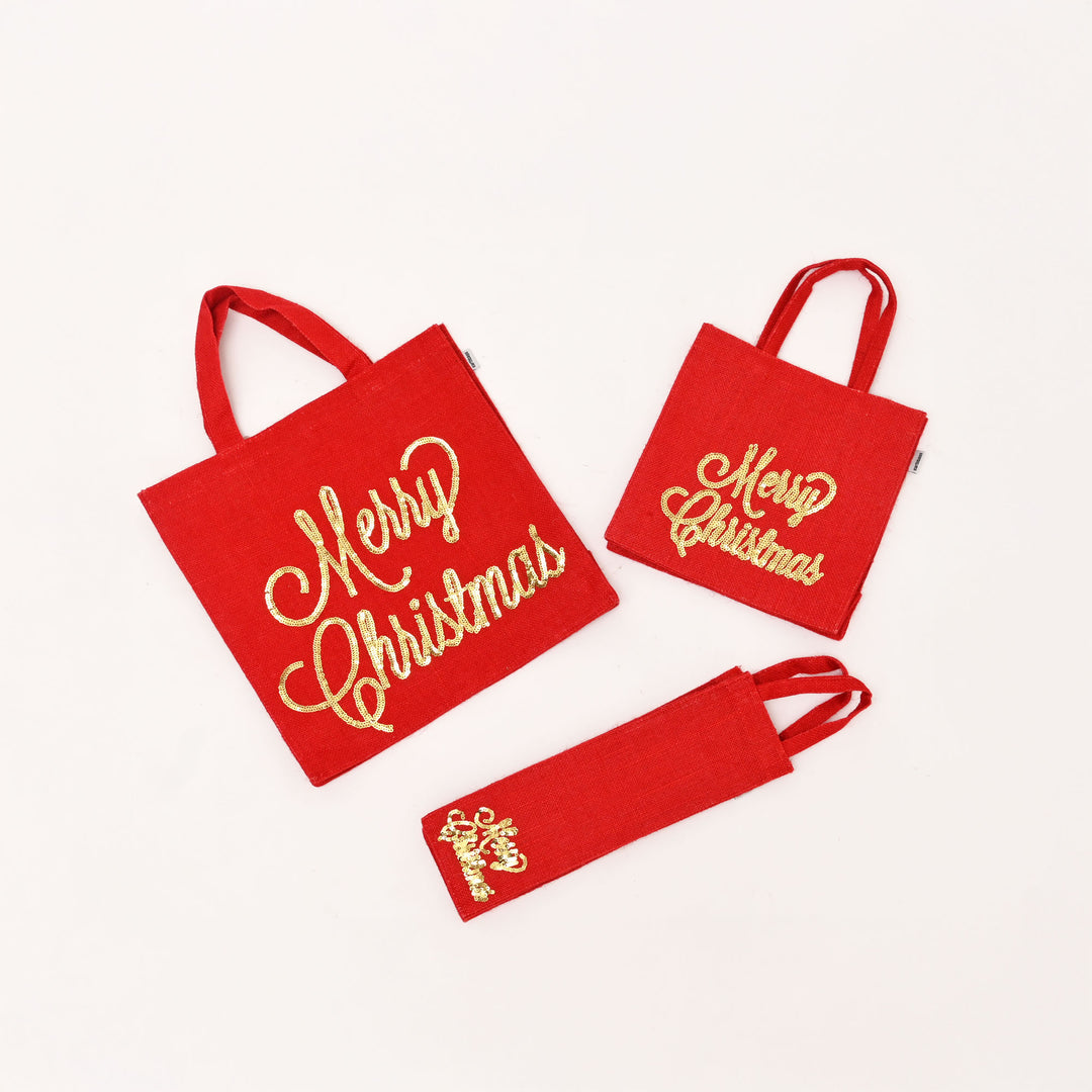 Christmas Gift Bag | Laminated Jute Bag with Sequins Design | Red & Golden