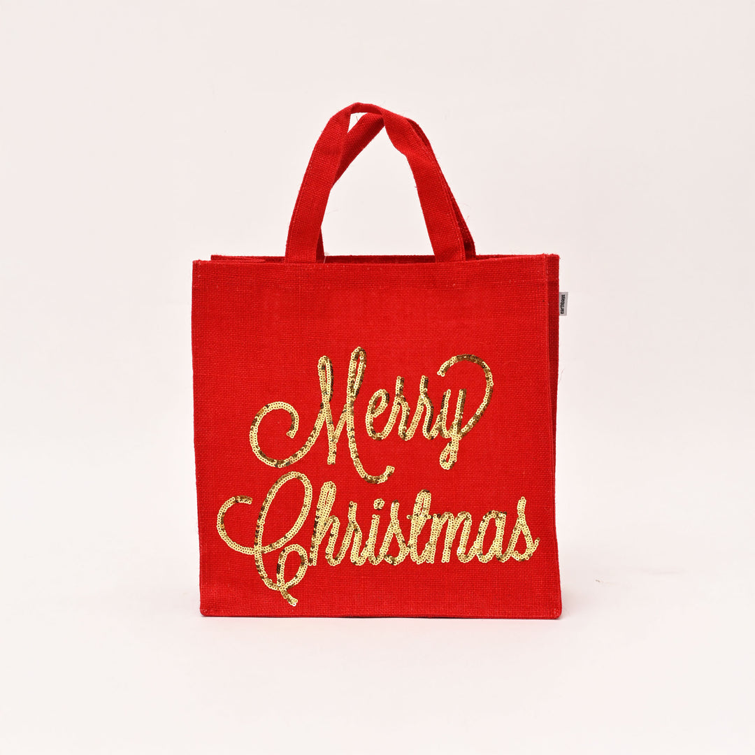 Christmas Gift Bag | Laminated Jute Bag with Sequins Design | Red & Golden