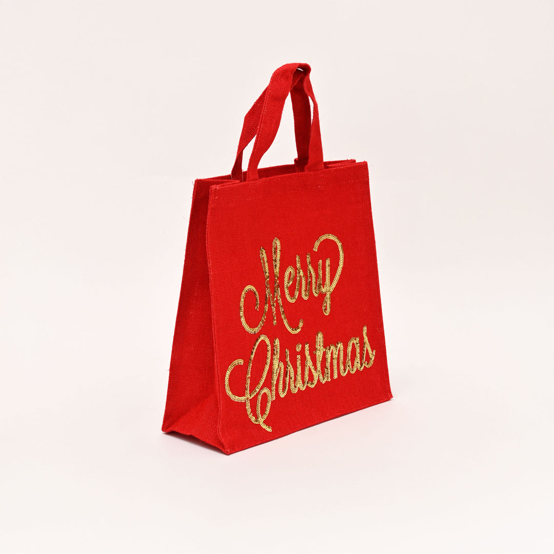 Christmas Gift Bag | Laminated Jute Bag with Sequins Design | Red & Golden