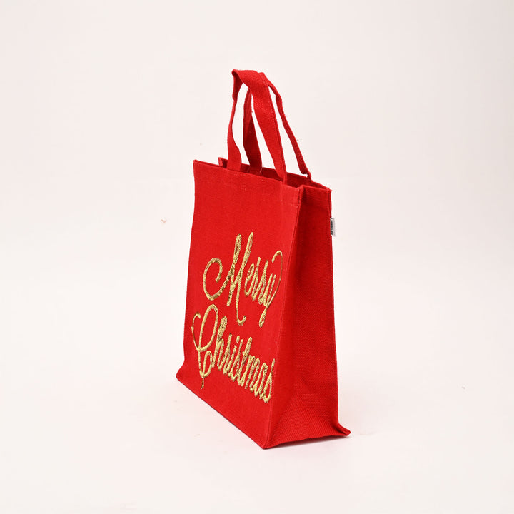 Christmas Gift Bag | Laminated Jute Bag with Sequins Design | Red & Golden
