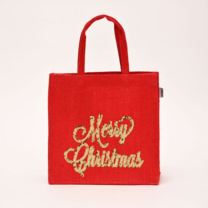 Christmas Gift Bag | Laminated Jute Bag with Sequins Design | Red & Golden