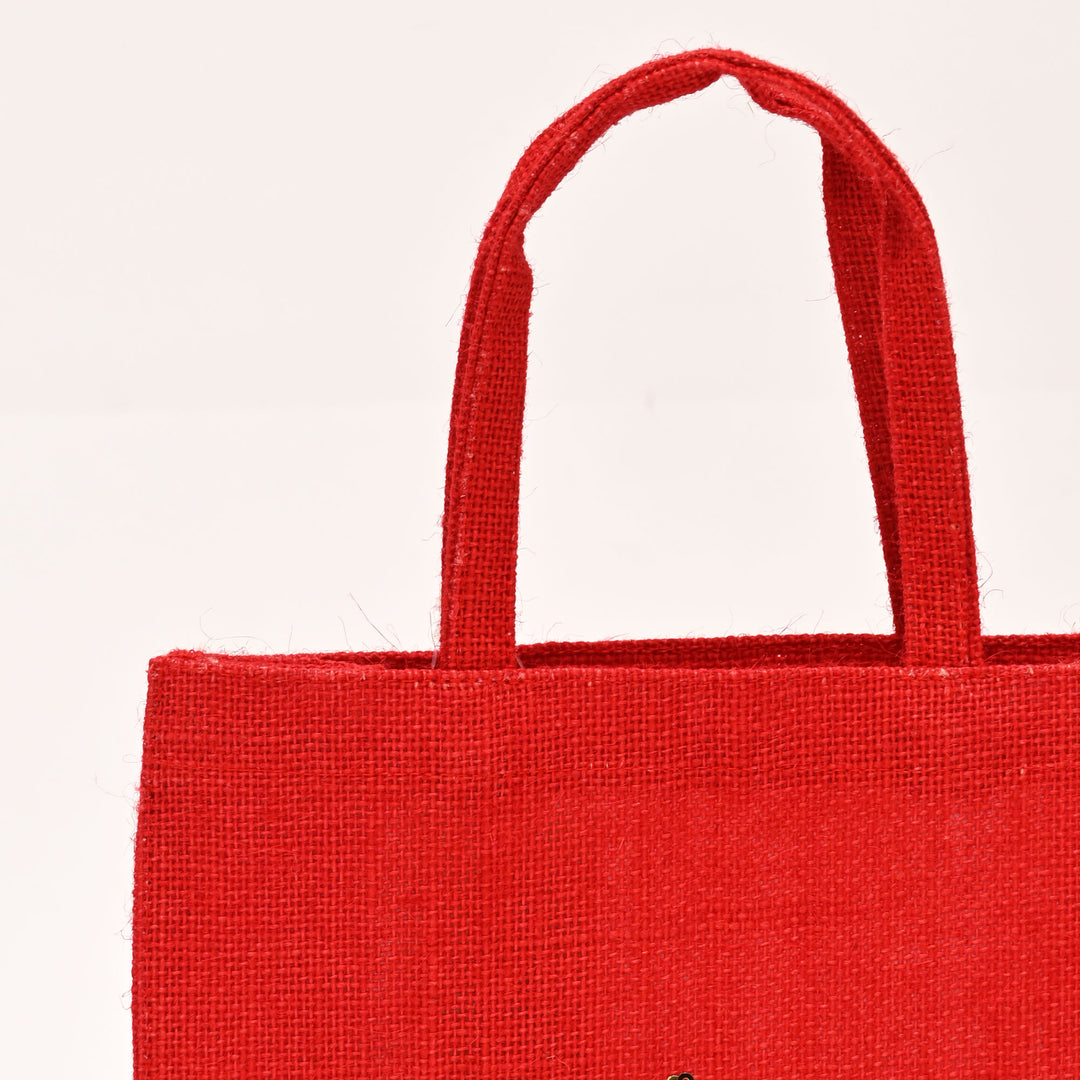 Christmas Gift Bag | Laminated Jute Bag with Sequins Design | Red & Golden