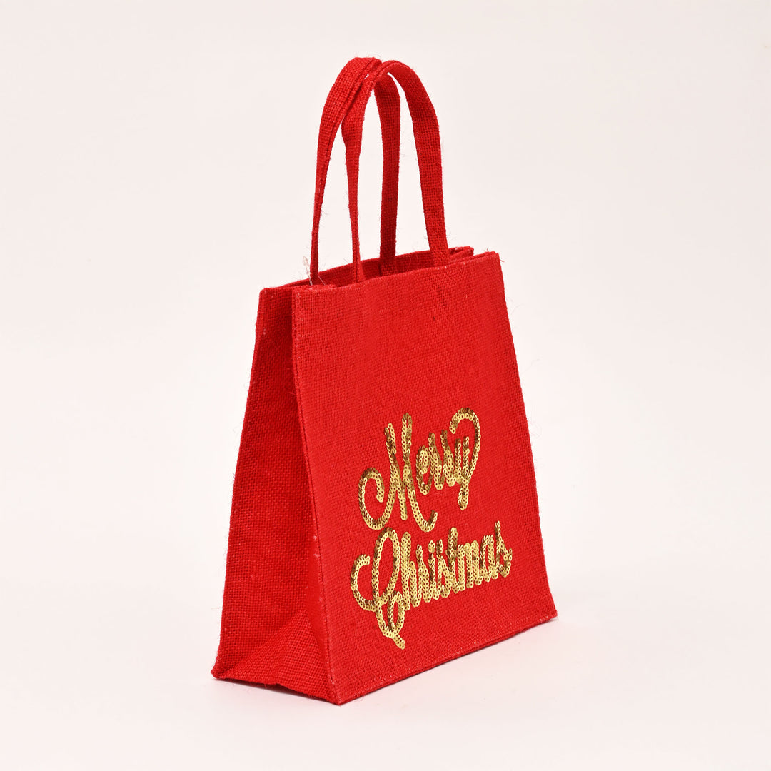 Christmas Gift Bag | Laminated Jute Bag with Sequins Design | Red & Golden