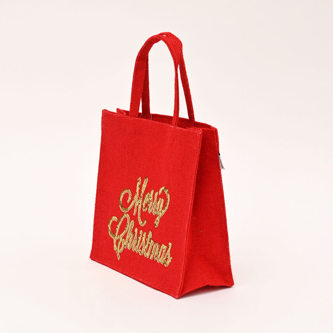 Christmas Gift Bag | Laminated Jute Bag with Sequins Design | Red & Golden