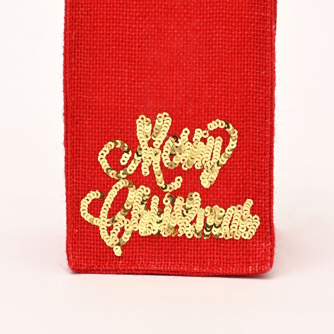 Christmas Gift Bag | Laminated Jute Bag with Sequins Design | Red & Golden