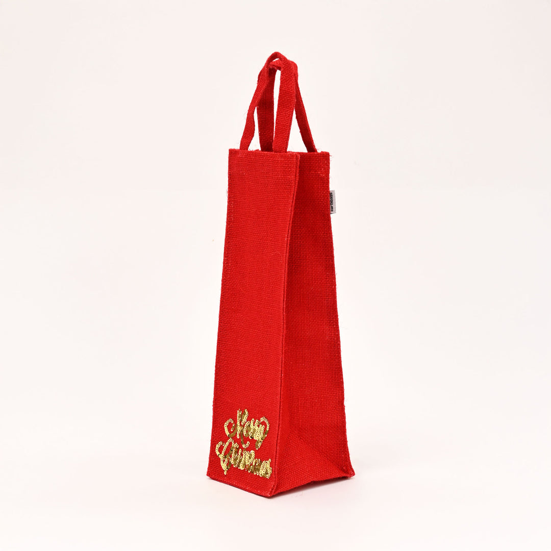 Christmas Gift Bag | Laminated Jute Bag with Sequins Design | Red & Golden