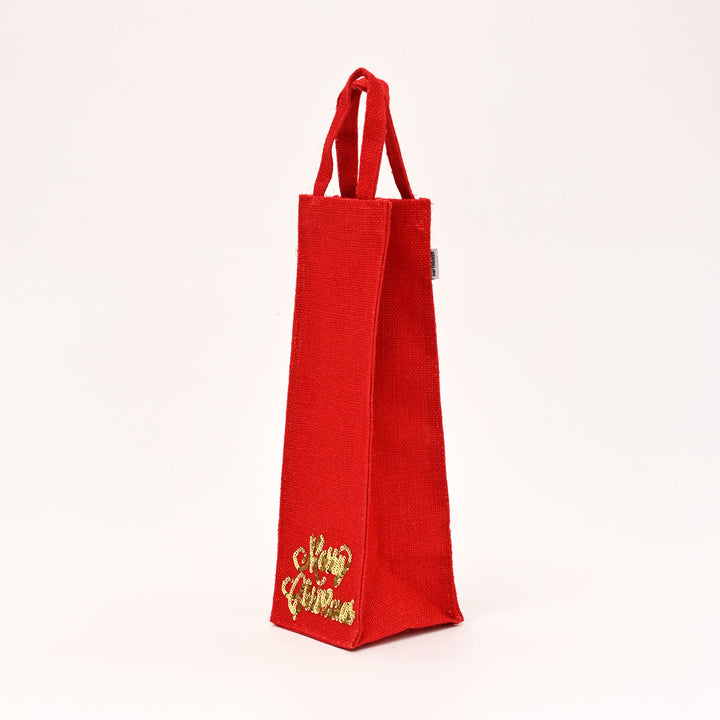 Christmas Gift Bag | Laminated Jute Bag with Sequins Design | Red & Golden