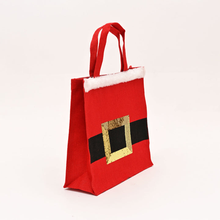 Christmas Jute Bag | Laminated Gift Bag with Sequins Design | Red