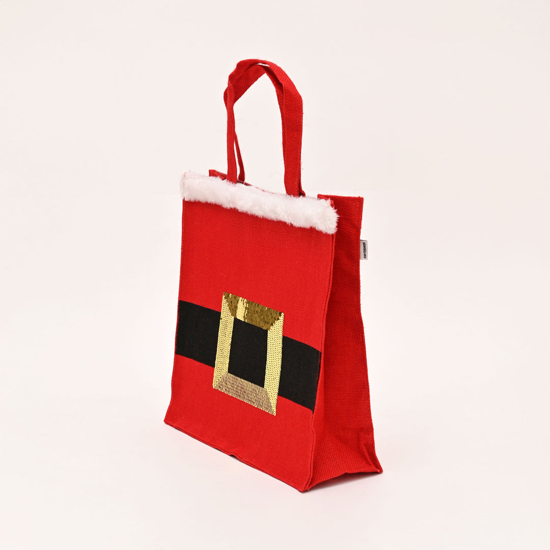 Christmas Jute Bag | Laminated Gift Bag with Sequins Design | Red