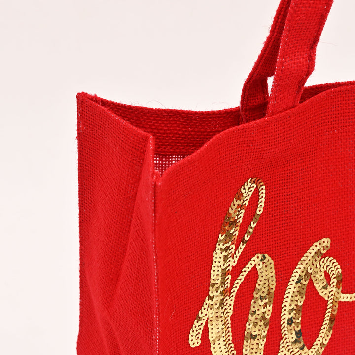 Christmas Gift Bag | Laminated Jute Bag with Sequins Design | Red