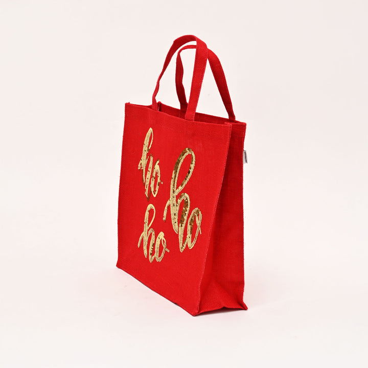 Christmas Gift Bag | Laminated Jute Bag with Sequins Design | Red
