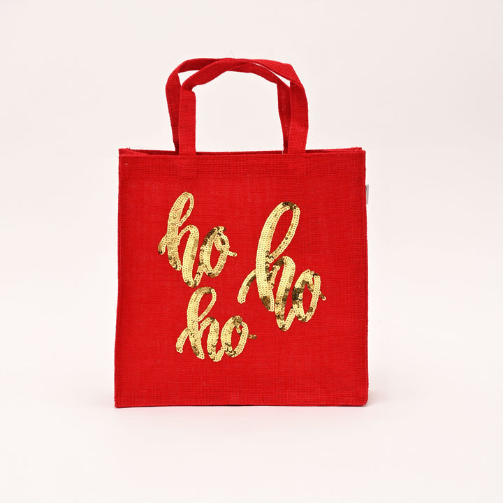 Christmas Gift Bag | Laminated Jute Bag with Sequins Design | Red