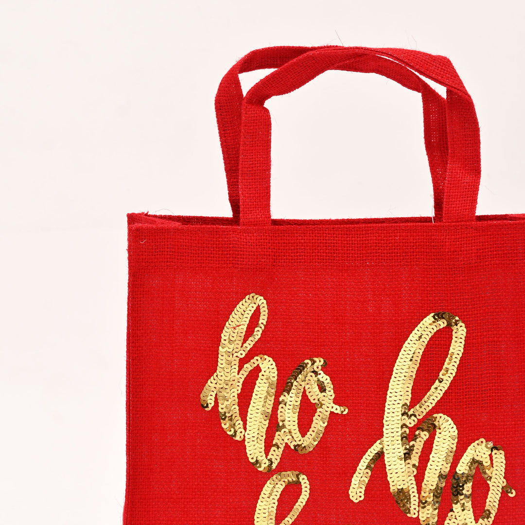 Christmas Gift Bag | Laminated Jute Bag with Sequins Design | Red