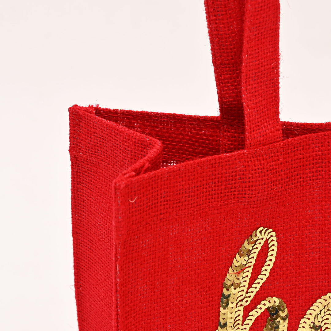 Christmas Gift Bag | Laminated Jute Bag with Sequins Design | Red