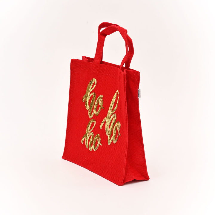 Christmas Gift Bag | Laminated Jute Bag with Sequins Design | Red