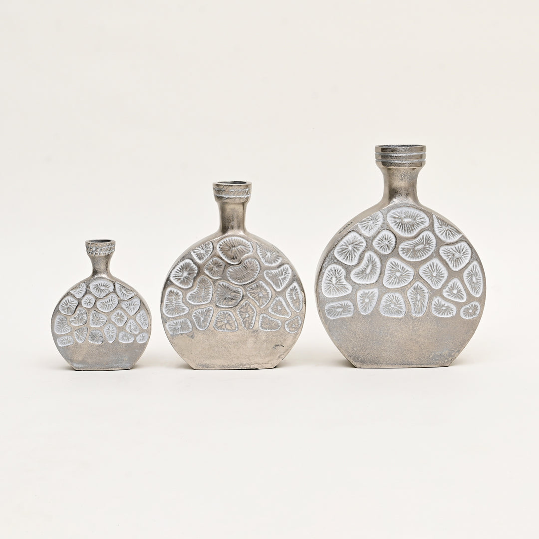 Decorative Hexagonal Embossed Aluminum Vases – Set of 3 Table Accents