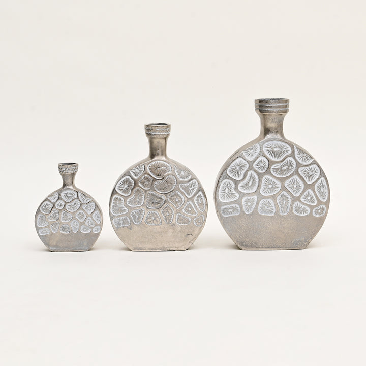 Decorative Hexagonal Embossed Aluminum Vases – Set of 3 Table Accents