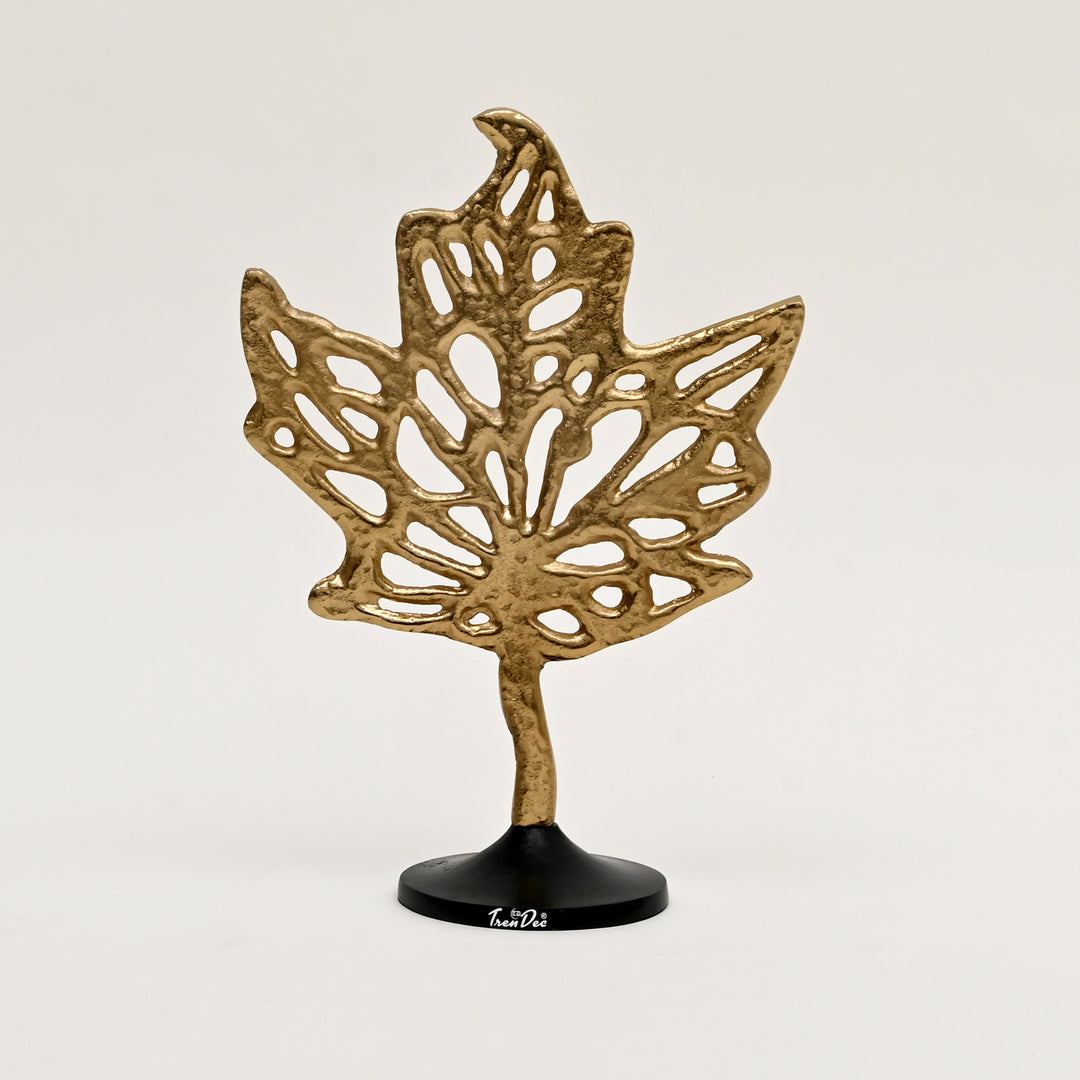 Aluminum Golden Maple Leaf Accent on Black Base – Stylish Table Décor Sculpture - 11.5" x 5.5" x 16"