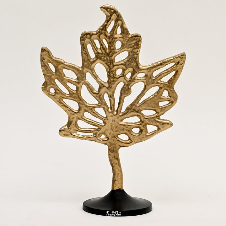 Aluminum Golden Maple Leaf Accent on Black Base – Stylish Table Décor Sculpture - 11.5" x 5.5" x 16"