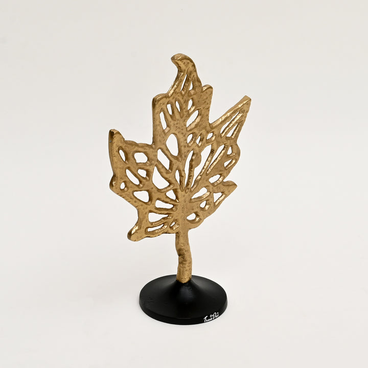 Aluminum Golden Maple Leaf Accent on Black Base – Stylish Table Décor Sculpture - 11.5" x 5.5" x 16"