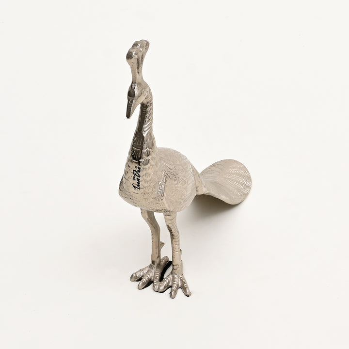 Regal Peacock Nickel Finished Aluminum Figurine – 11x3x3" Elegant Table Decor Sculpture