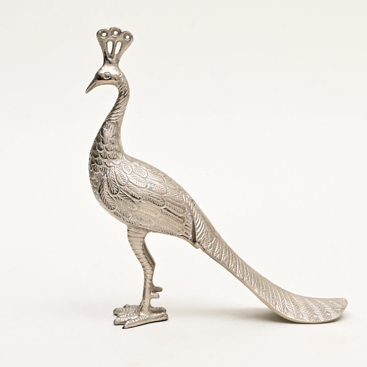 Regal Peacock Nickel Finished Aluminum Figurine – 11x3x3" Elegant Table Decor Sculpture
