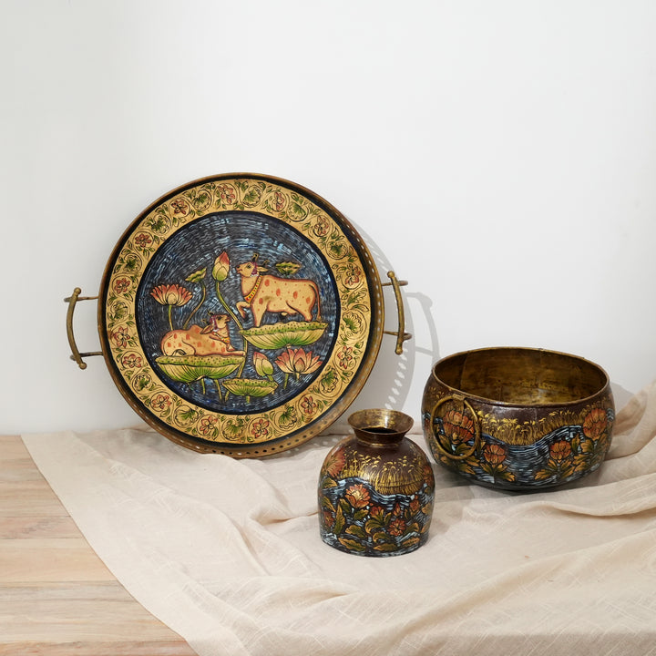 Traditional Iron Pichwai Tray | Handcrafted Circular Serving Tray Cow Lotus