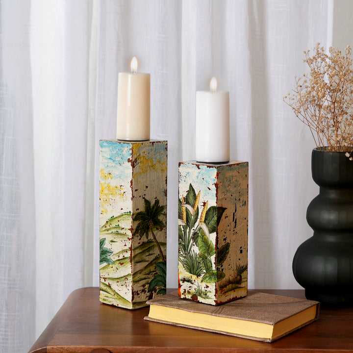 Tropical Palm Wooden Candle Stand Set | Distressed Finish Foliage Design