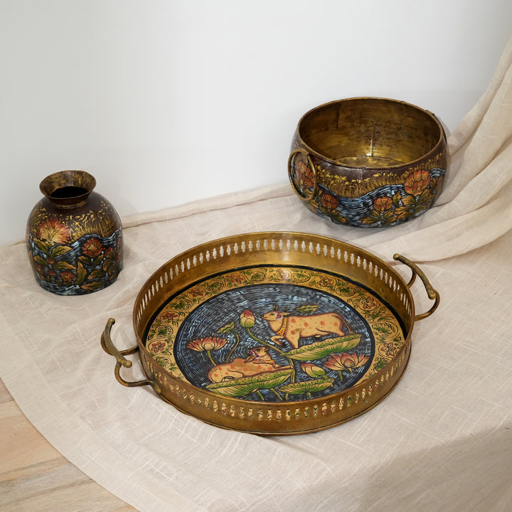 Traditional Iron Pichwai Tray | Handcrafted Circular Serving Tray Cow Lotus