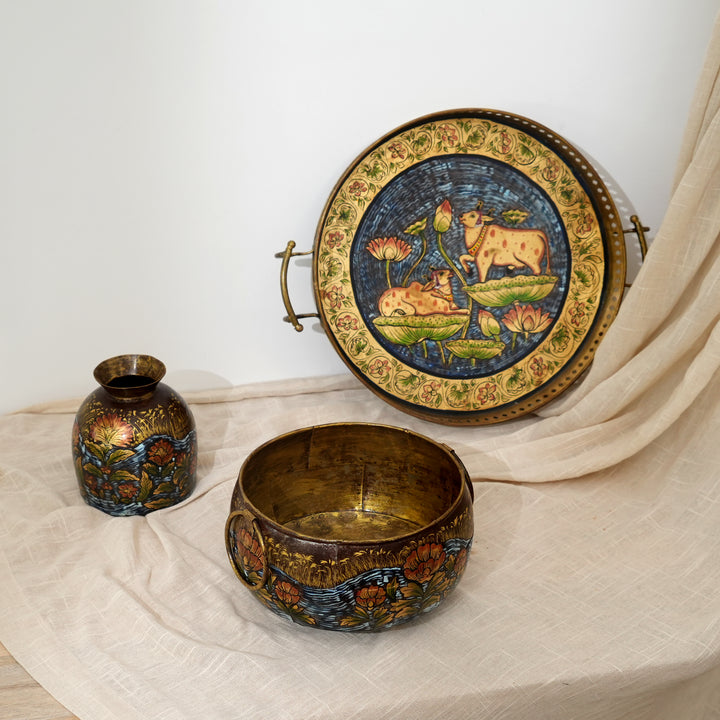 Traditional Iron Pichwai Tray | Handcrafted Circular Serving Tray Cow Lotus