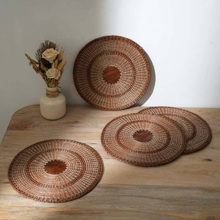 Set of 4 Placemats |Handcrafted Pine Needle & Wood Table Mats