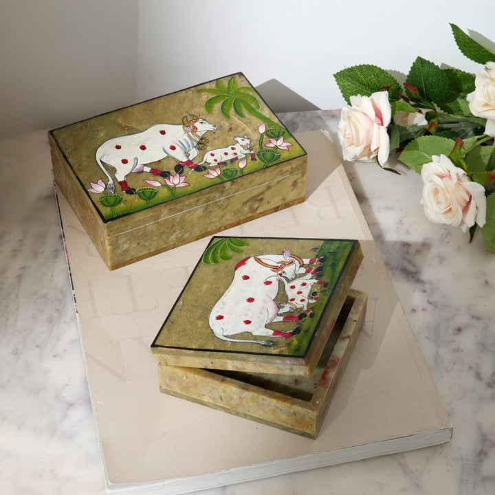 Soapstone Carved Cow & Calf Box