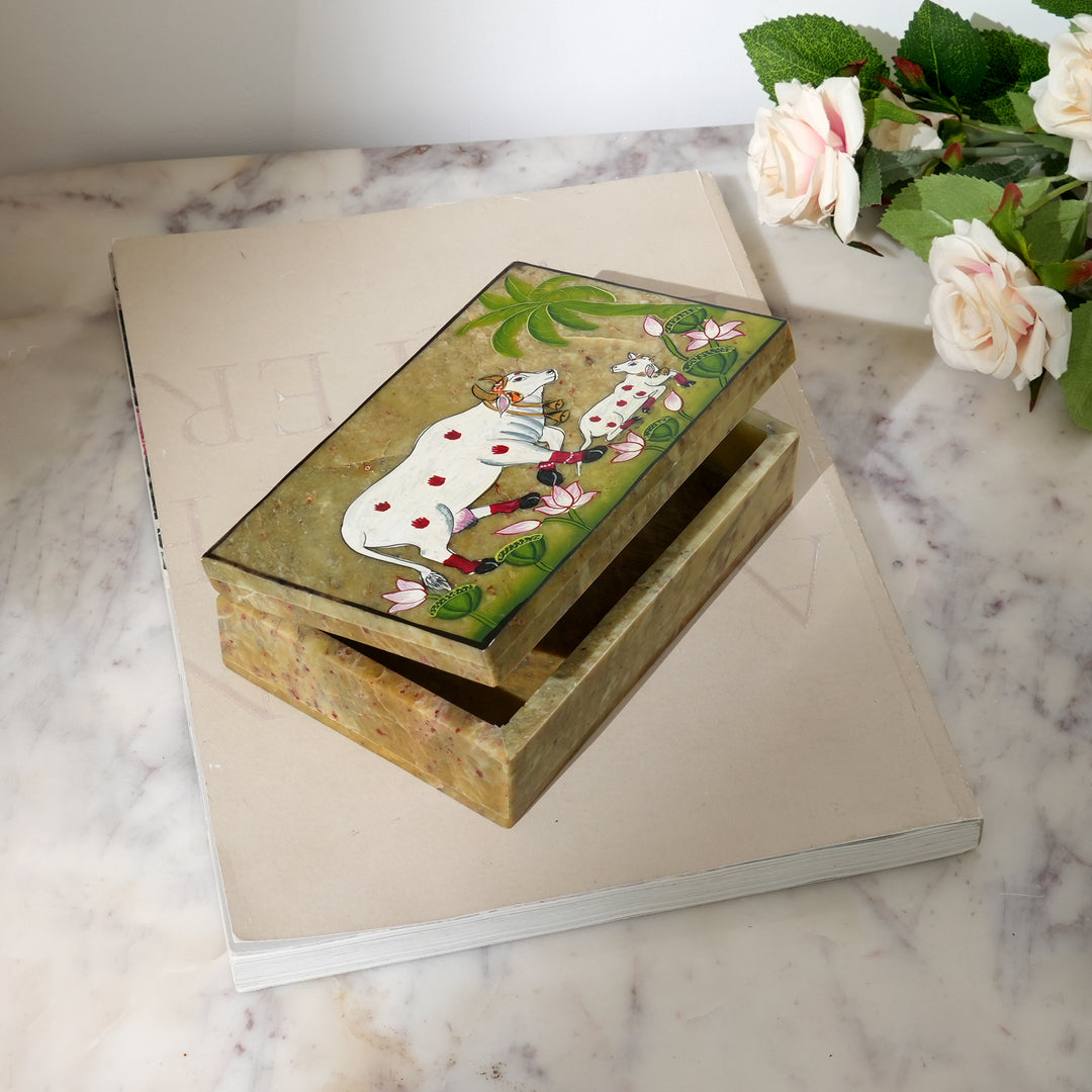 Soapstone Carved Cow & Calf Box