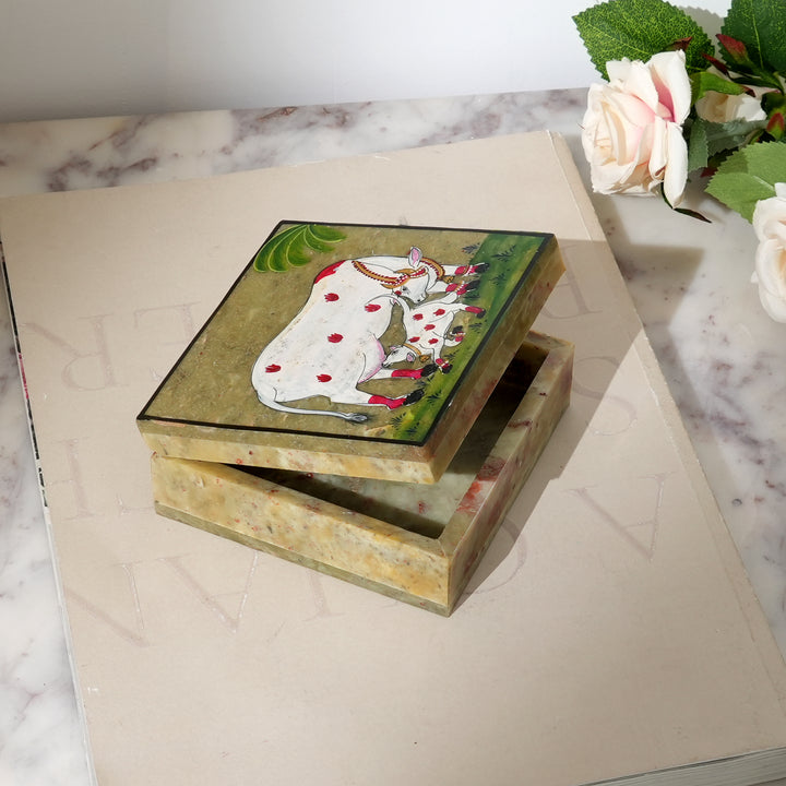 Soapstone Carved Cow & Calf Box