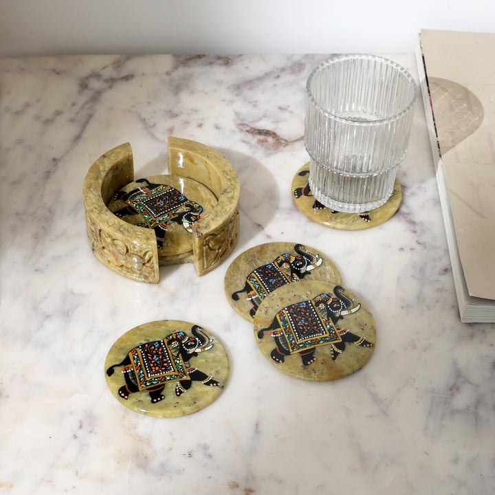 Handcrafted Elephant Soapstone Coaster Set