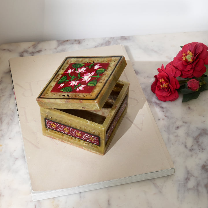 Soapstone Hand-Painted Lotus Box