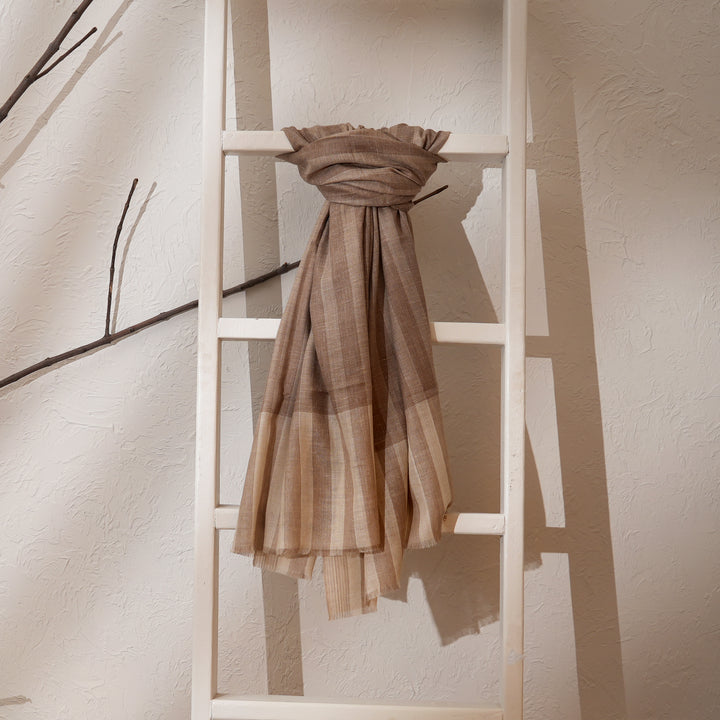 Handloom Pashmina Shawl | Natural Beige Striped Wrap 40"x80"
