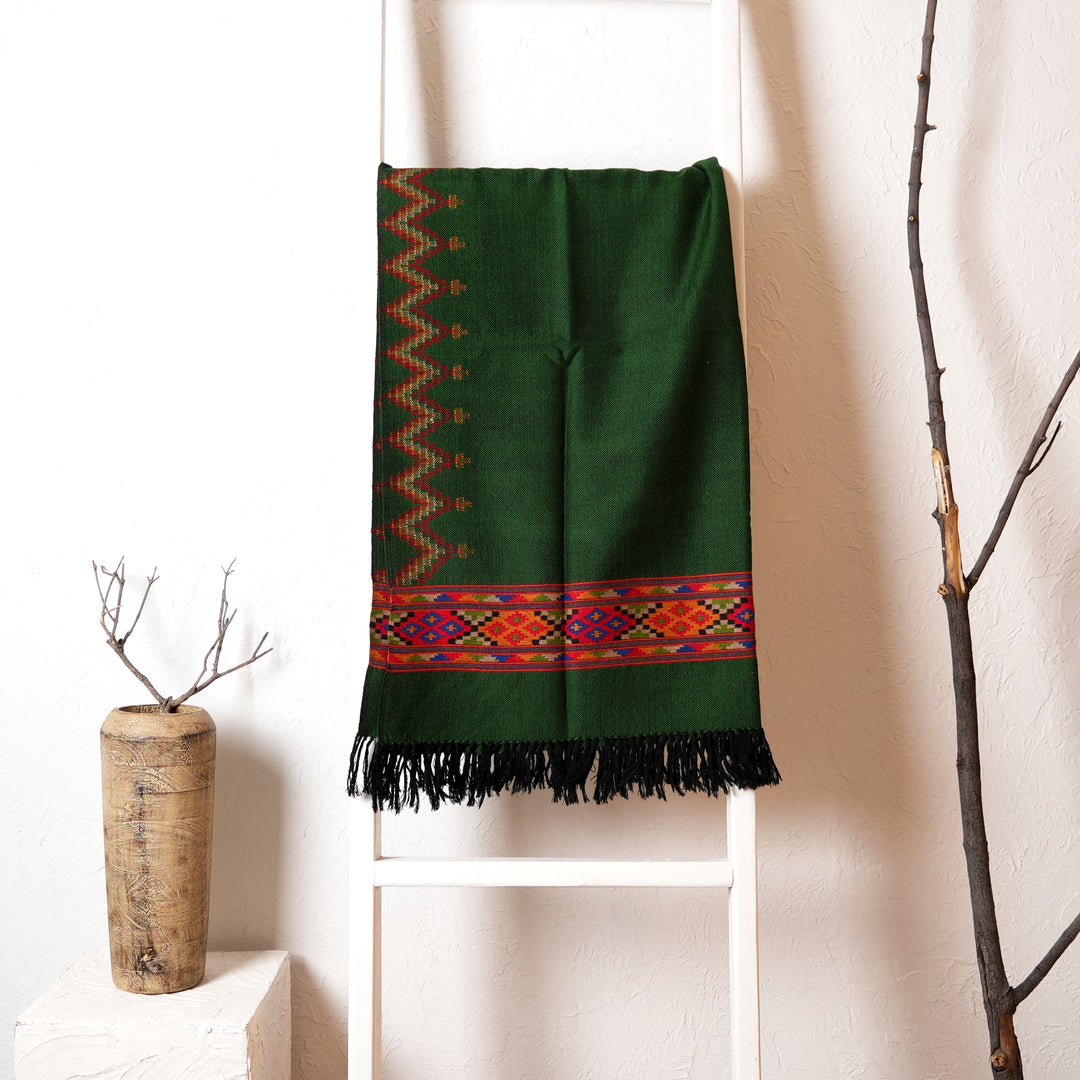 Electric Green Woolen Shawl | Handwoven with Traditional Pattu Border | 84"x40"