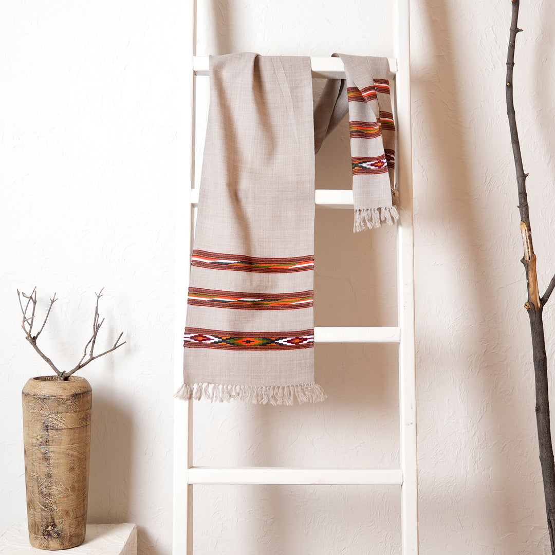 Natural Beige Wool Scarf | Pure Sheep Wool with Classic Stripes | 78"x12