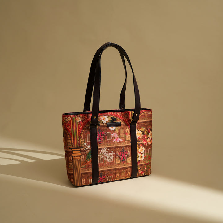 Shekhawati Haveli Print Handbag | Brown Vegan Leather 16.5"