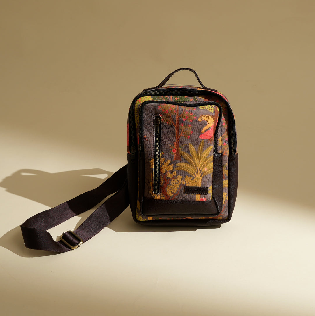 Tiger Art Print Chest Bag | Green Vegan Leather Crossbody 7"