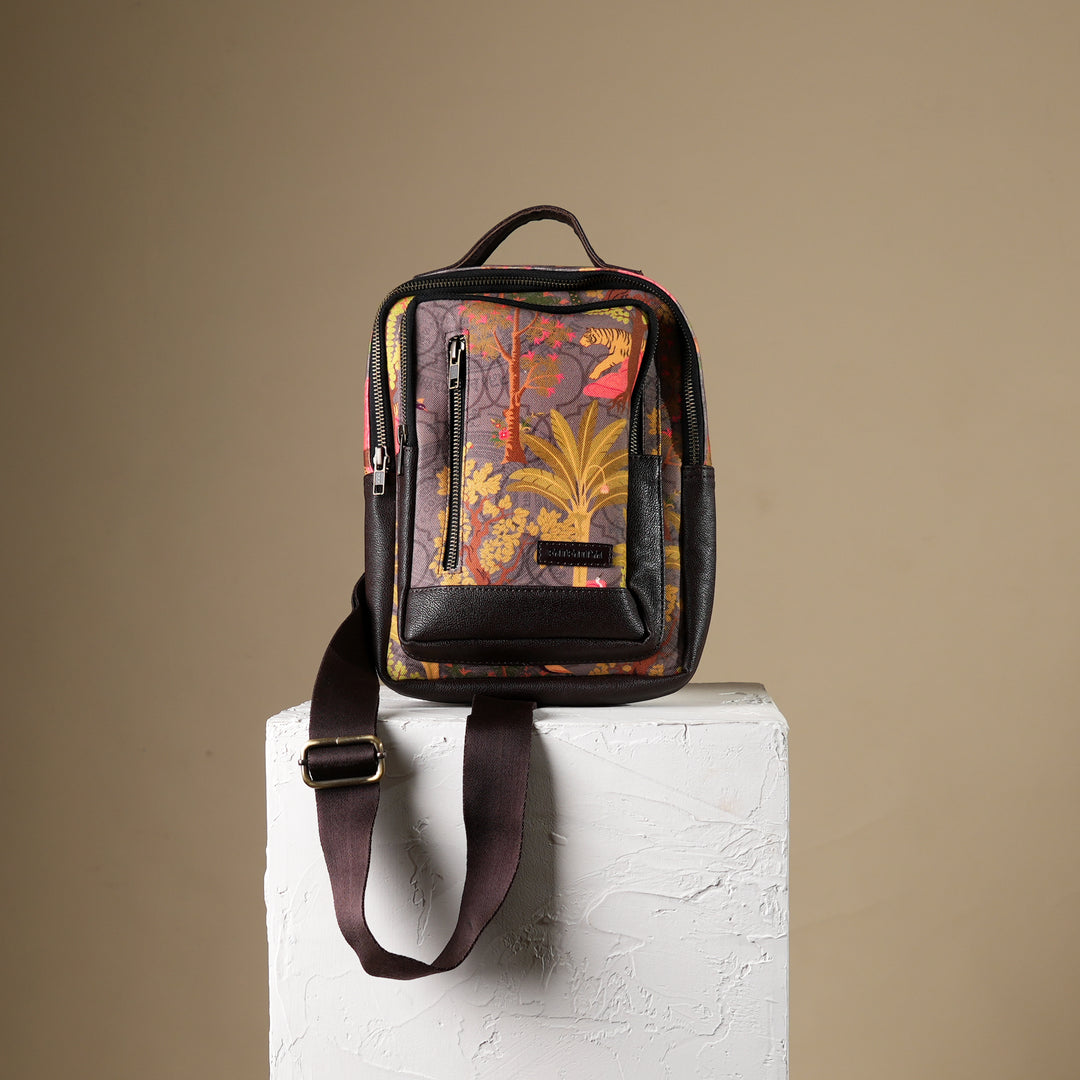 Tiger Art Print Chest Bag | Green Vegan Leather Crossbody 7"