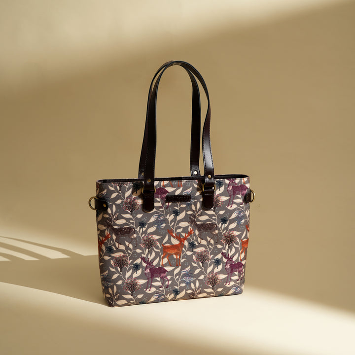 Handmade Deer Motif Office Tote | Grey Vegan Leather 16.5"