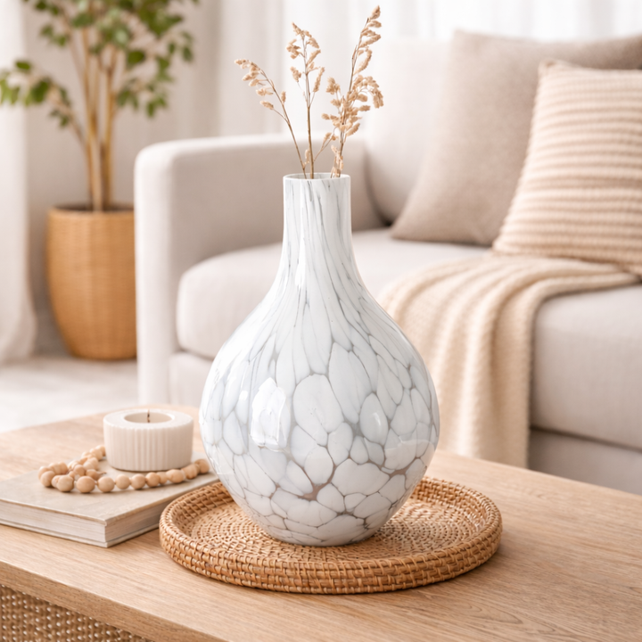 Vase | White Splutter Round Glass Vase | Elegant Decorative Vase for Modern Home Interiors