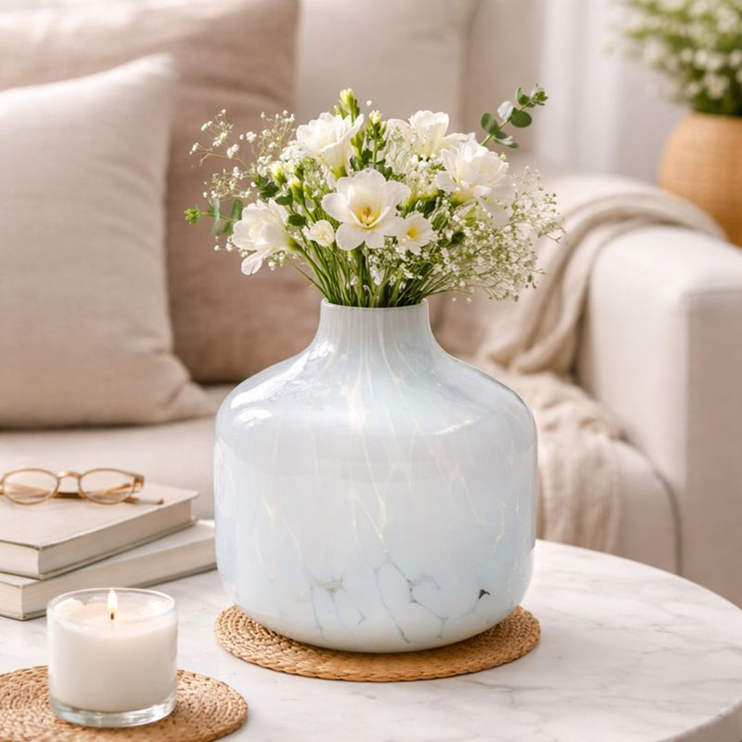 Vase | 8" Long White Splatter Glass Vase | Handmade Decorative Home Accent | Modern & Minimalist Living Room Decor