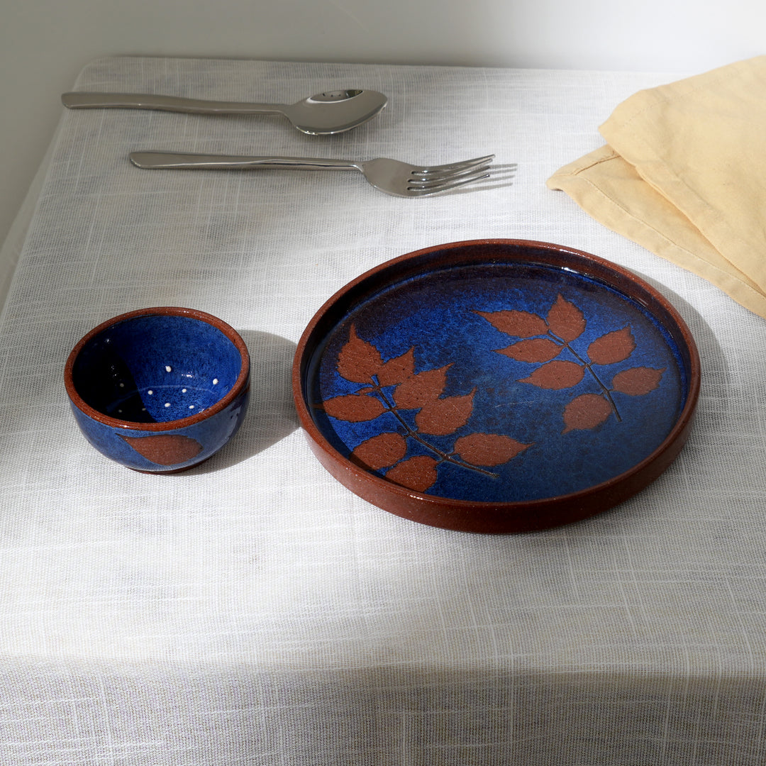 Handmade Terracotta Dinner Plate | Fresh Leaf Impression with Blue Slip & Transparent Glaze