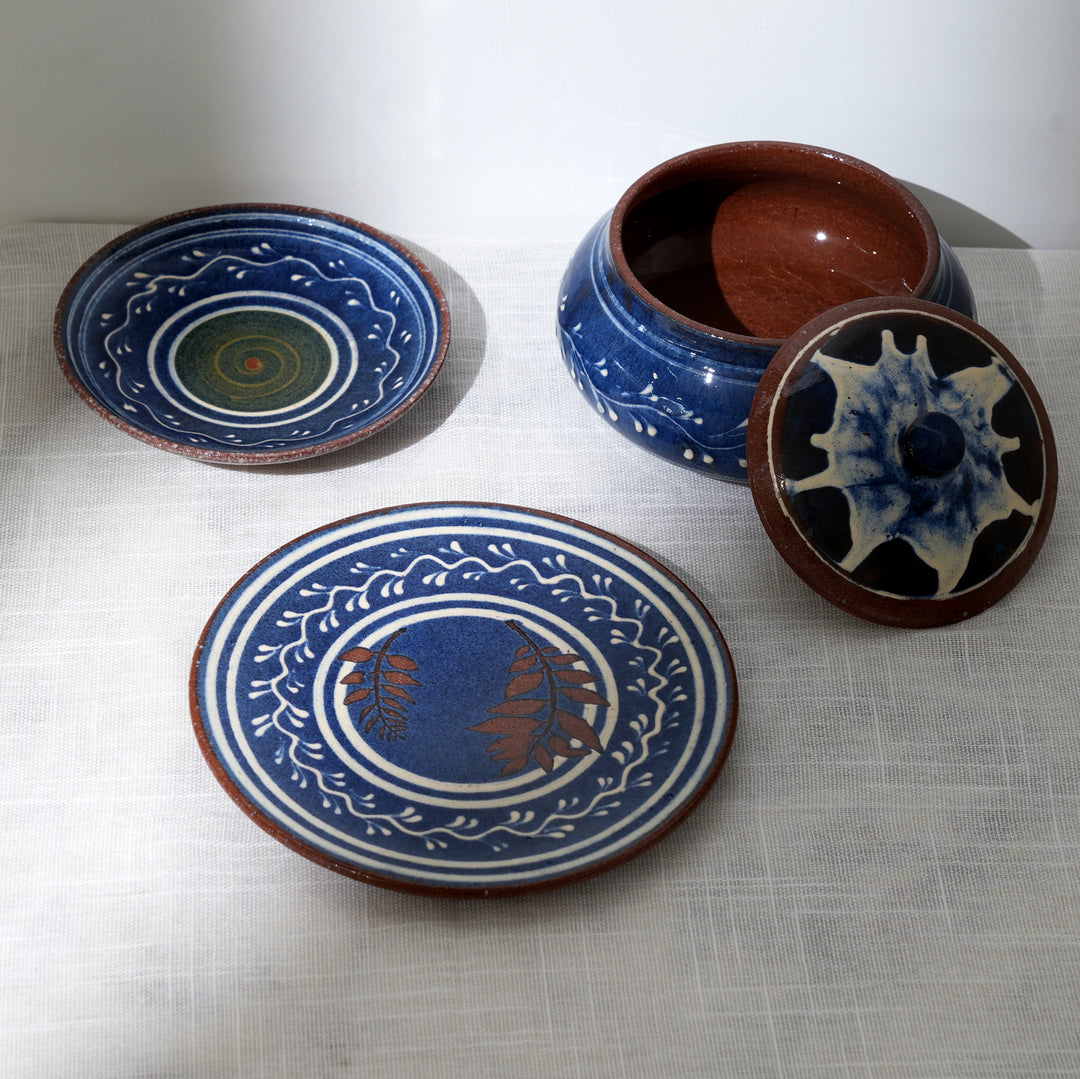 Handmade Terracotta Serving Plate | Blue & White Slip with Transparent Glaze
