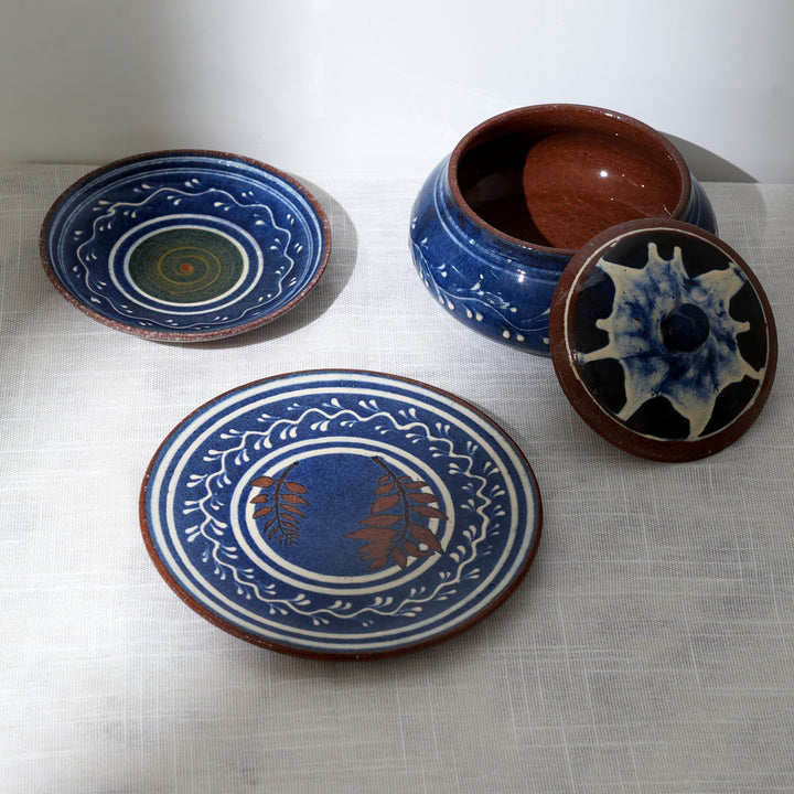 Handmade Terracotta Serving Plate | Blue & White Slip with Transparent Glaze