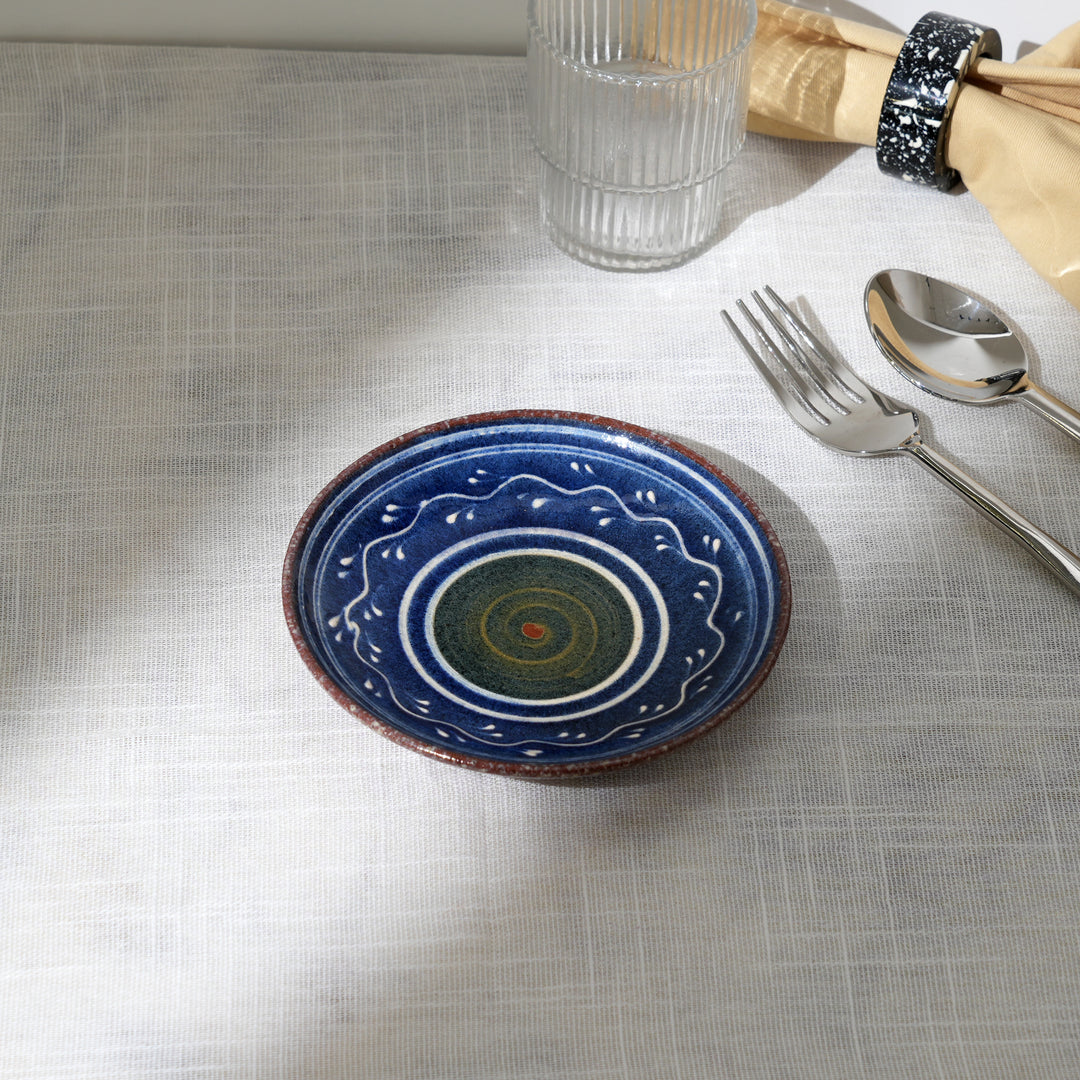 Handmade Terracotta Saucer Plate | Hand Painted Blue Slip with Transparent Glaze