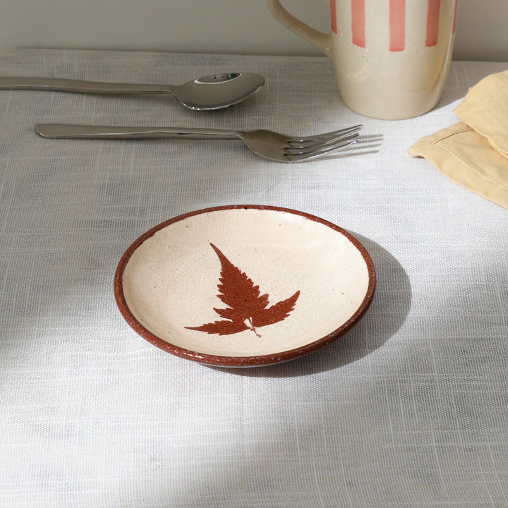 Handmade Terracotta Saucer Plate | Leaf Motif in White Slip with Transparent Glaze